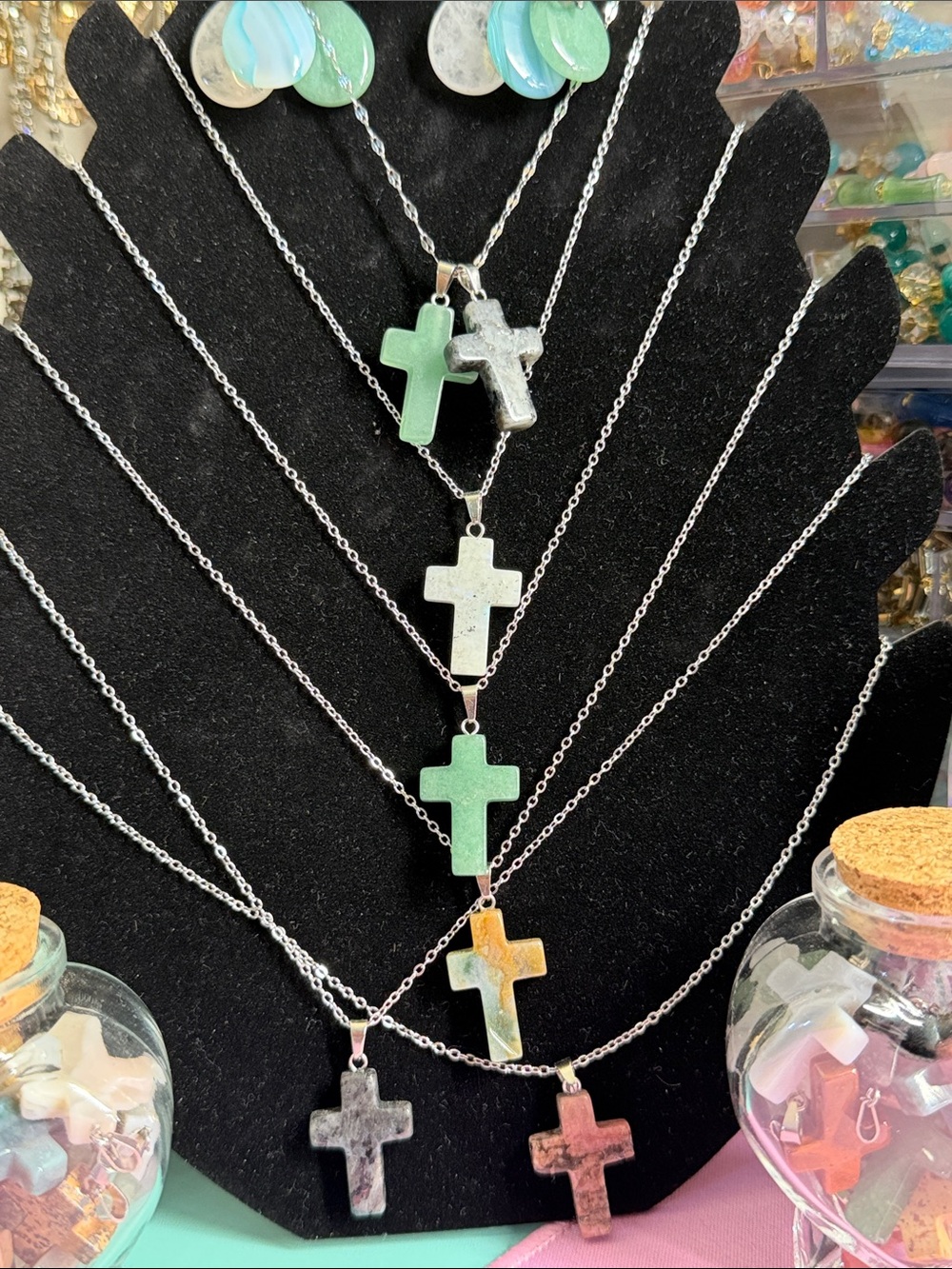 Silver Chain Cross Necklace with Stone Pendant - Multiple Colors - Picture 4 of 5